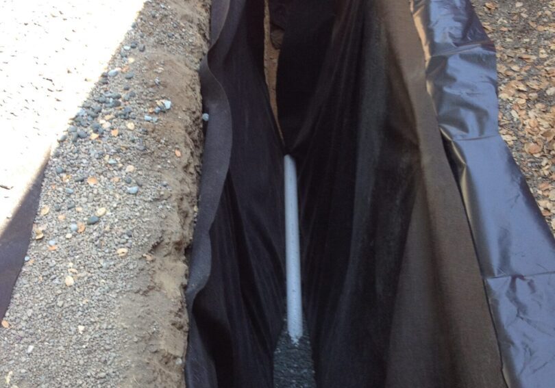 A black umbrella is in the gutter of a street.